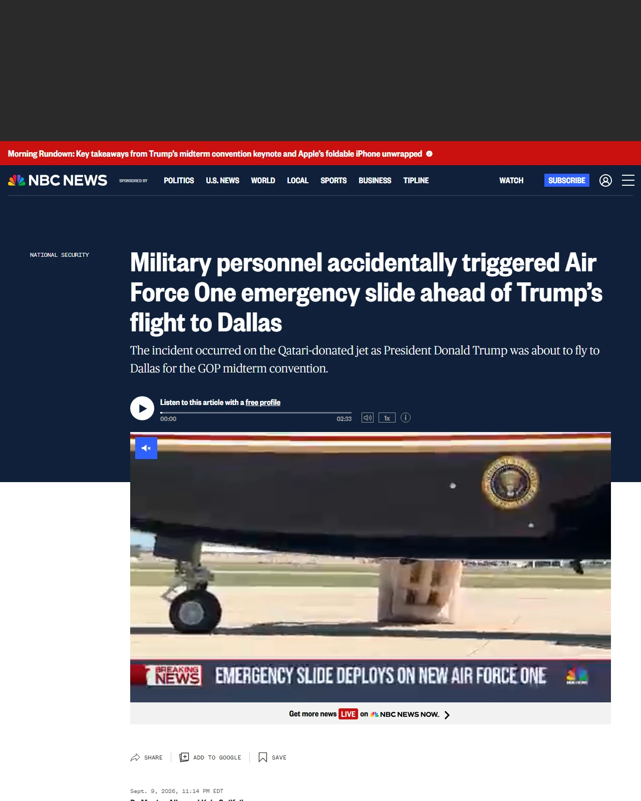 nbcnews.com as published: Emergency slide accidentally deploys on Qatari-gifted Air Force One, delaying Trump