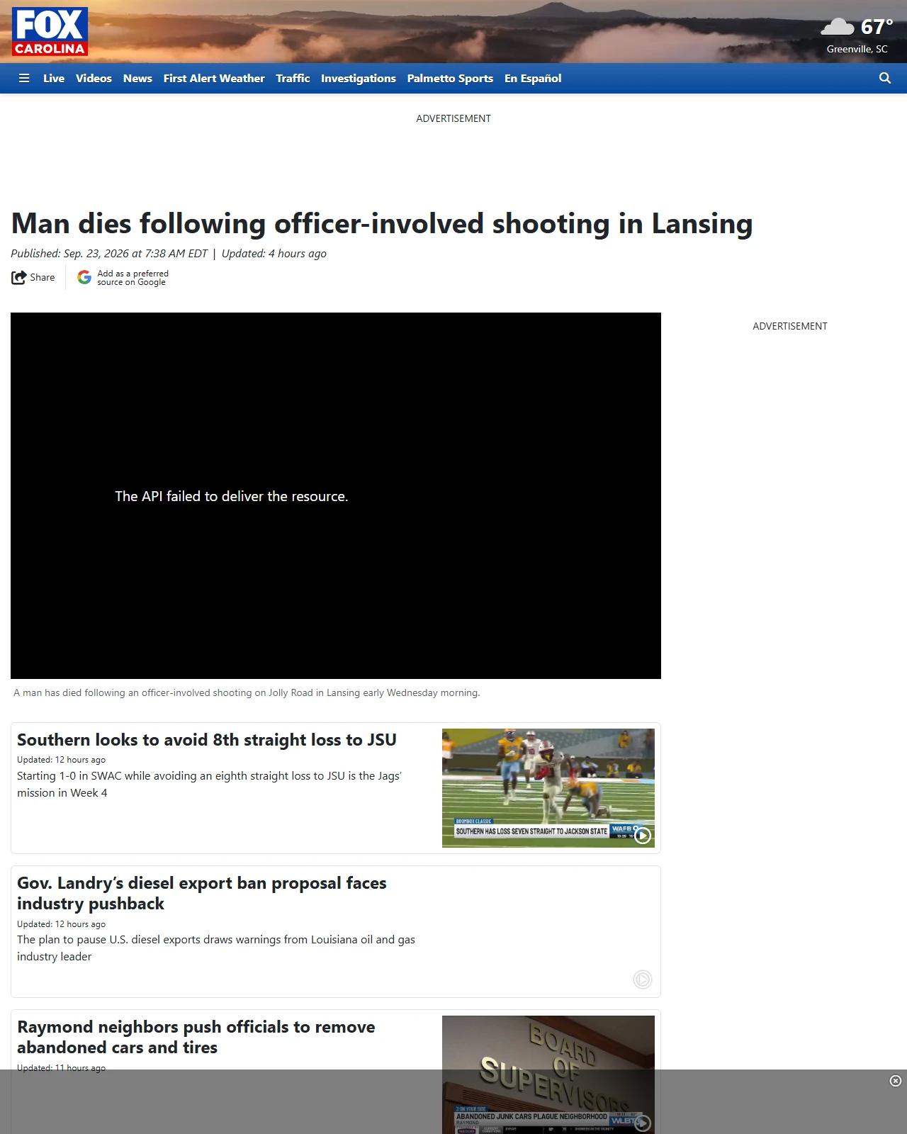 foxcarolina.com as published: Man dies following officer-involved shooting in Lansing
