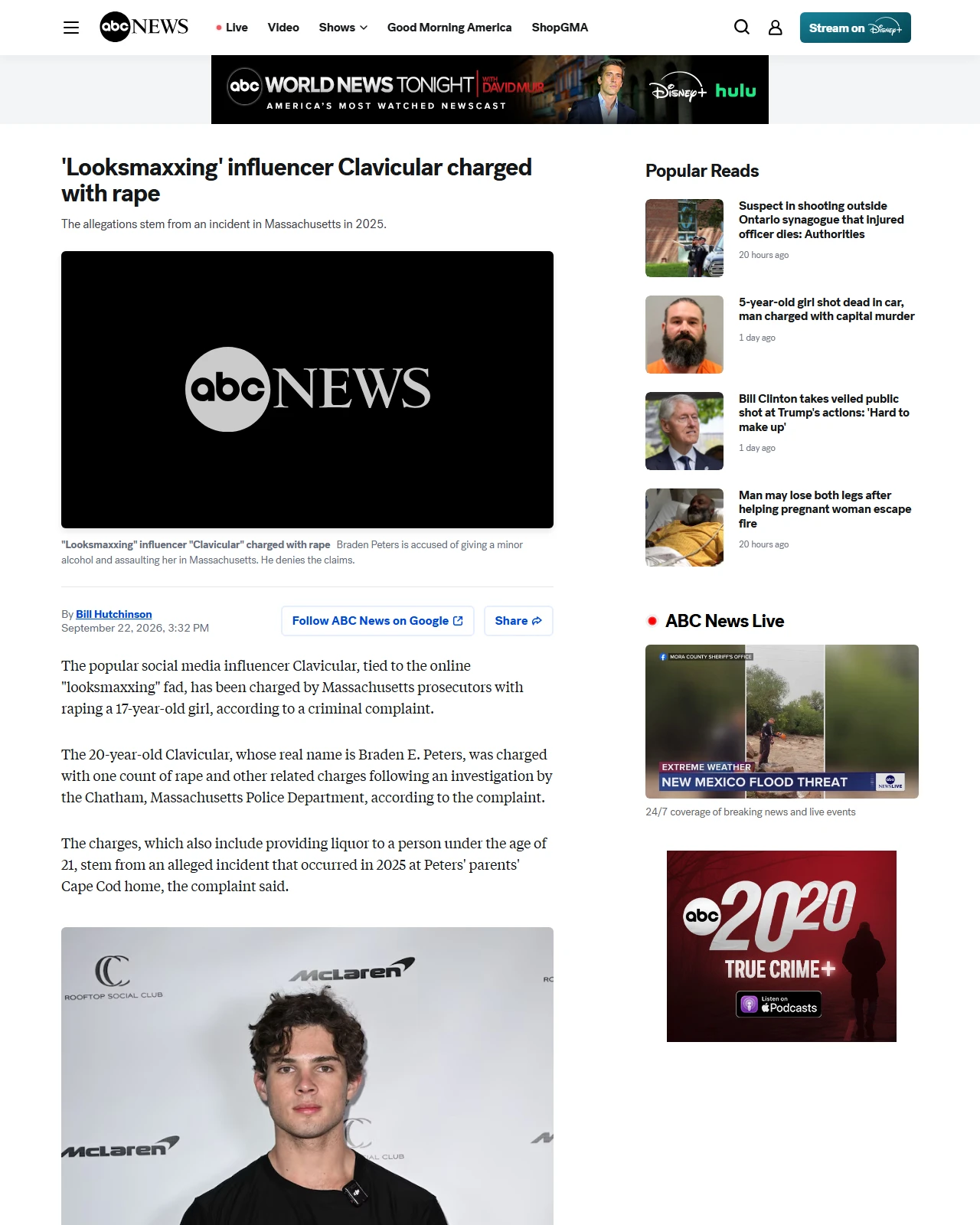 abcnews.com as published: 'Looksmaxxing' influencer Clavicular charged with rape - ABC News