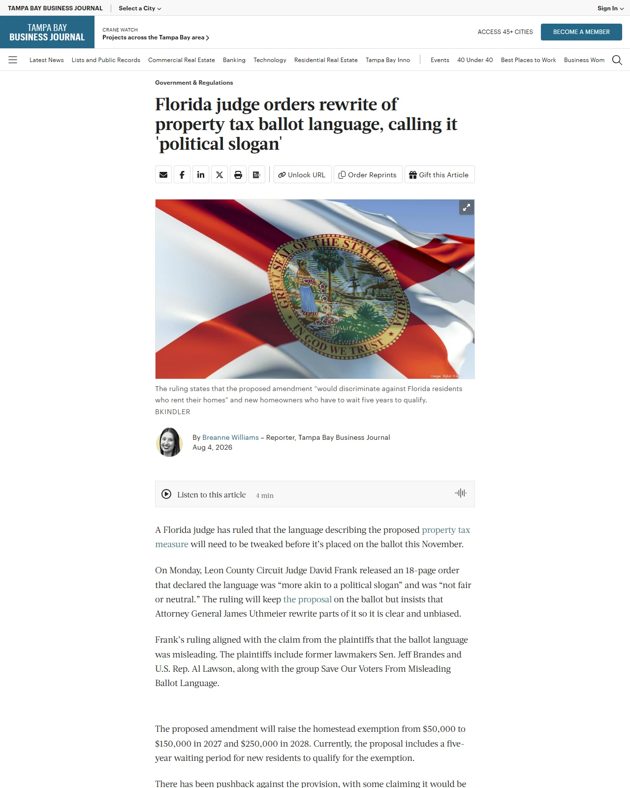 bizjournals.com as published: Florida judge orders rewrite of property tax ballot language, calling it 'political slogan'