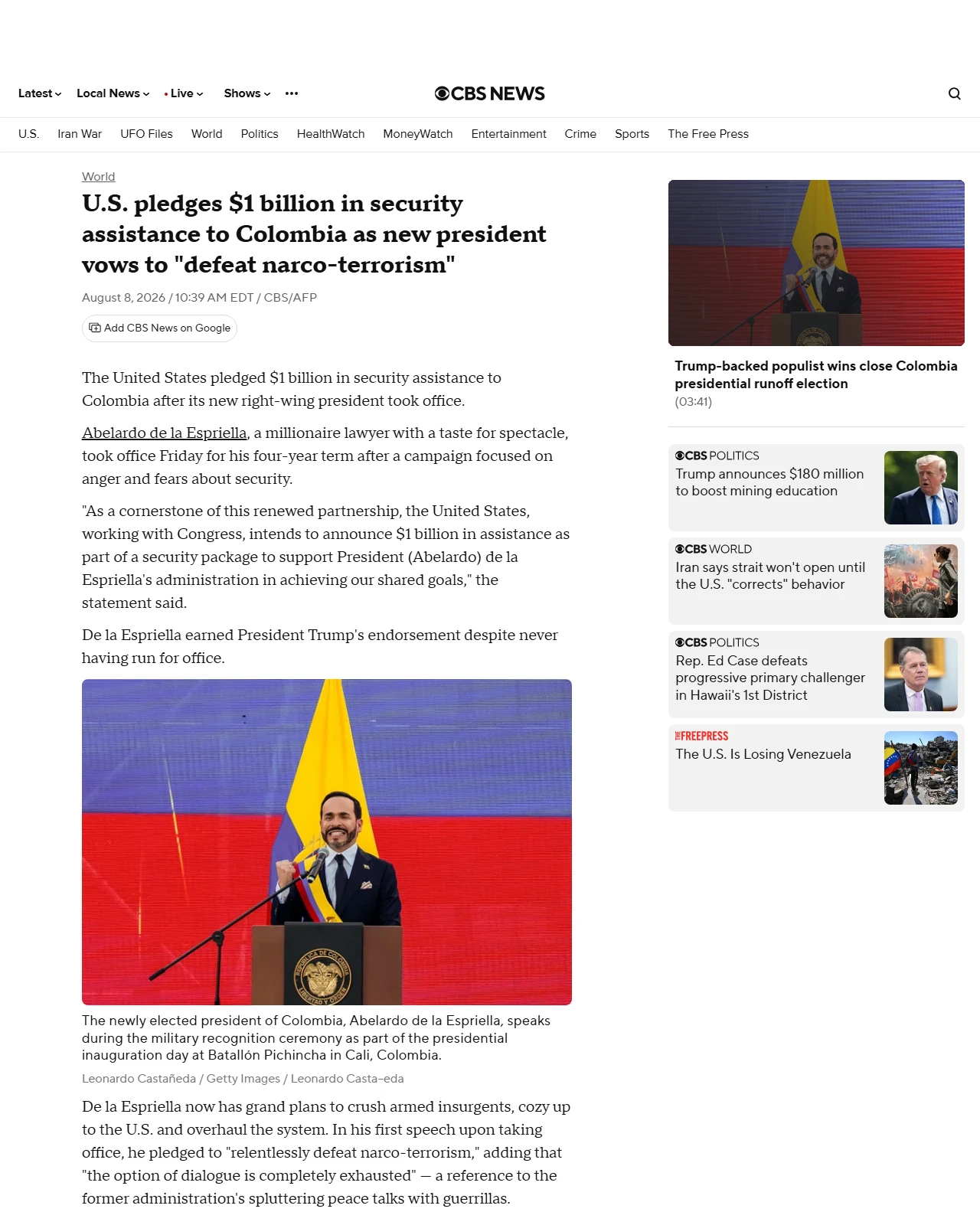 cbsnews.com as published: U.S. pledges $1 billion to Colombia as new right-wing president takes office