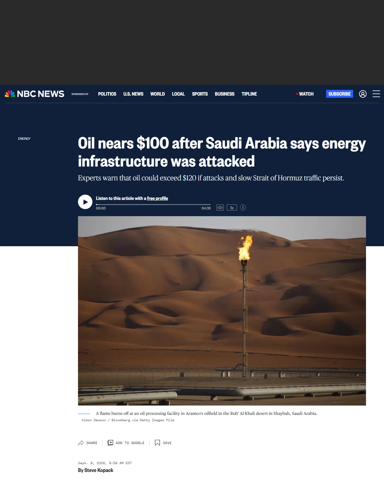nbcnews.com as published: Oil nears $100 after Saudi Arabia says energy infrastructure was attacked