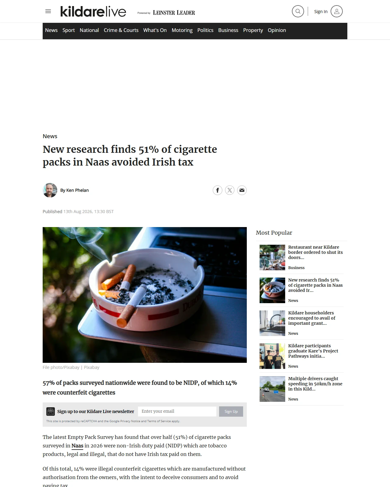 leinsterleader.ie as published: New research finds 51% of cigarette packs in Naas avoided Irish tax