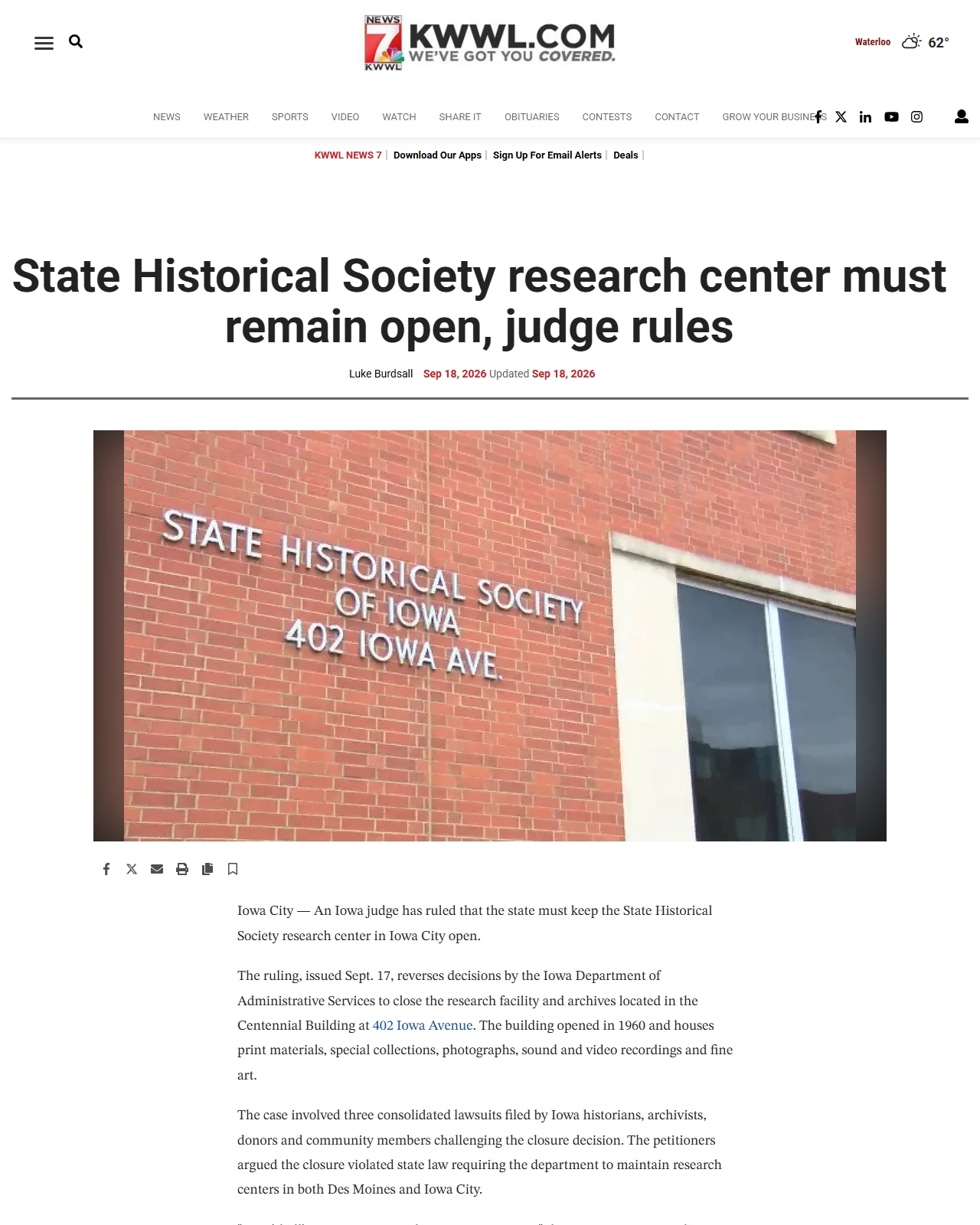 kwwl.com as published: State Historical Society research center must remain open, judge rules