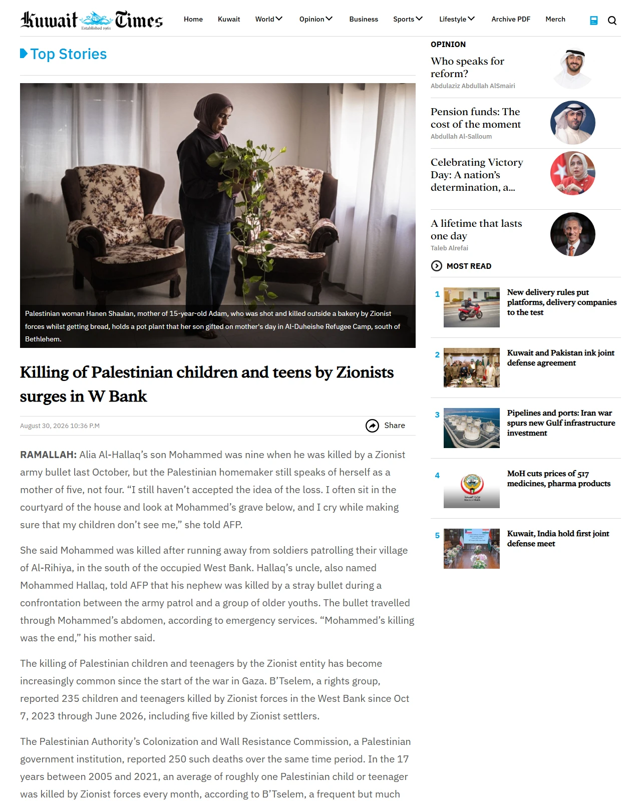 kuwaittimes.com as published: Killing of Palestinian children and teens by Zionists surges in W Bank