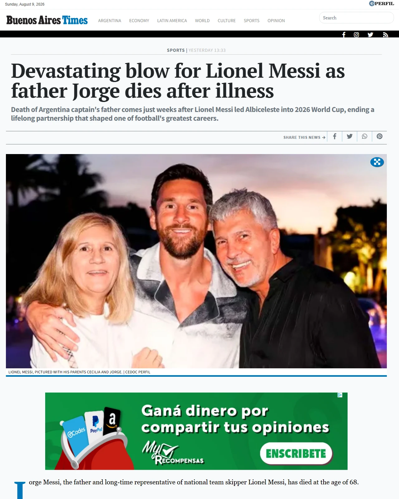 batimes.com.ar as published: Devastating blow for Lionel Messi as father Jorge dies after illness