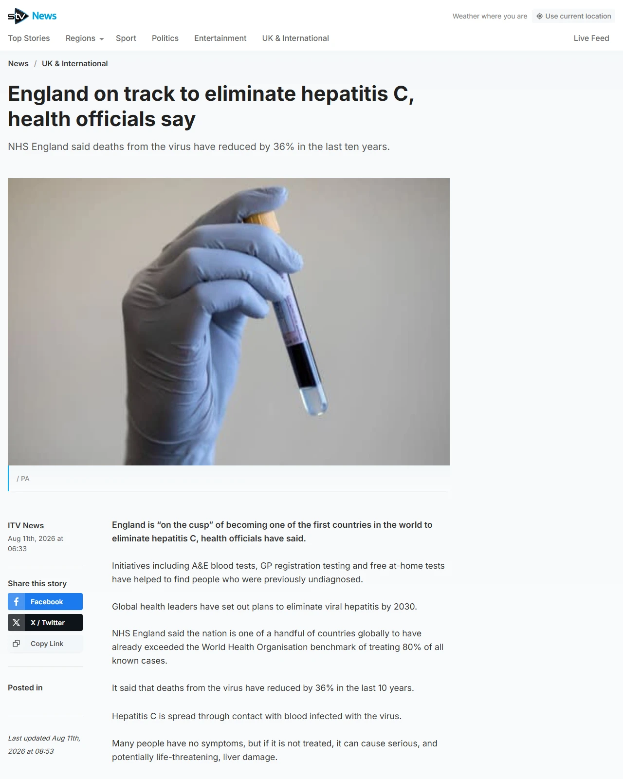 news.stv.tv as published: England on track to eliminate hepatitis C, health officials say