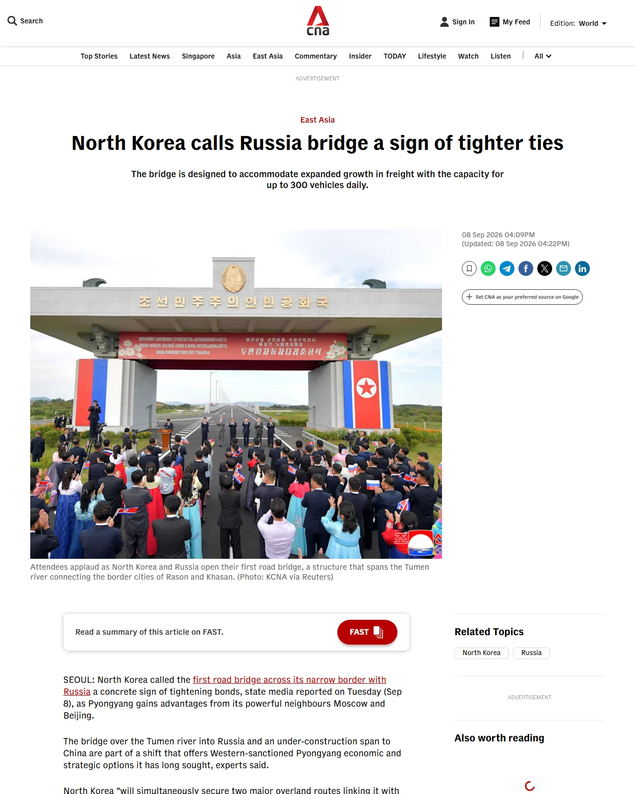 channelnewsasia.com as published: North Korea calls Russia bridge a sign of tighter ties