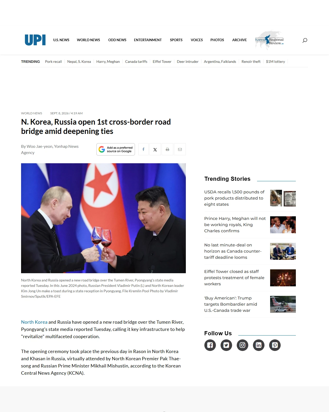 upi.com as published: N. Korea, Russia open 1st cross-border road bridge amid deepening ties