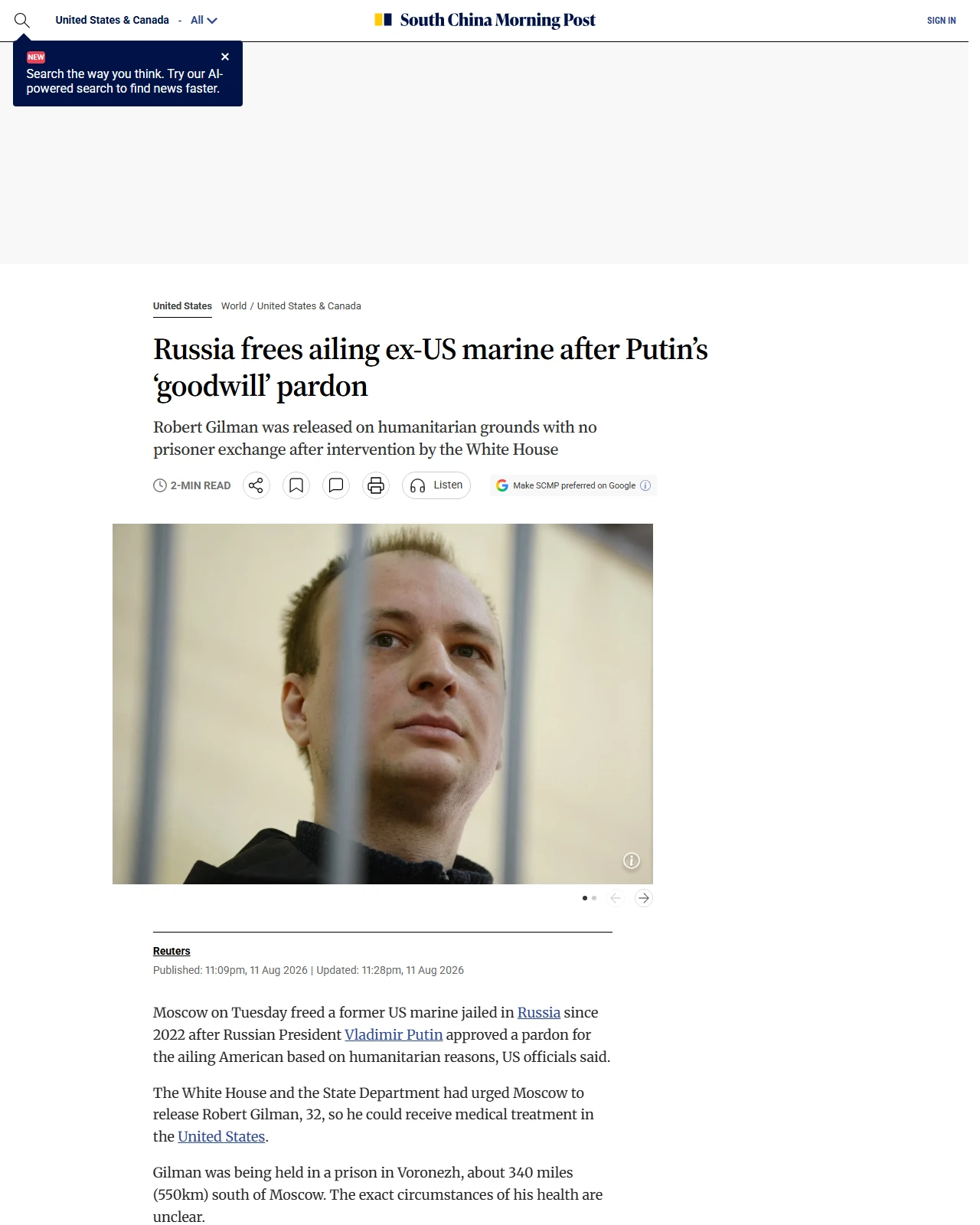 scmp.com as published: Russia frees ailing ex-US marine after Putin’s ‘goodwill’ pardon
