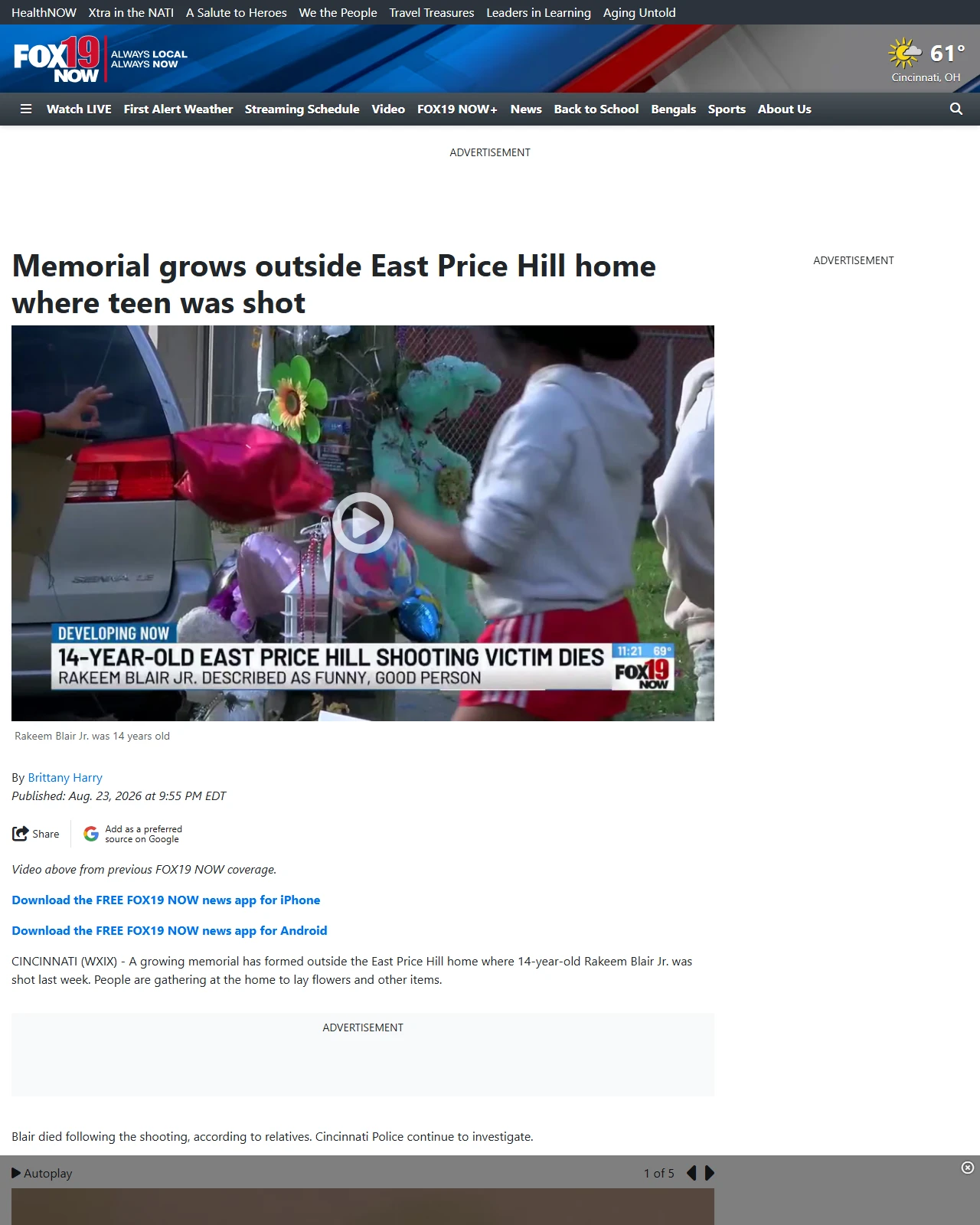 fox19.com as published: Memorial grows outside East Price Hill home where teen was shot
