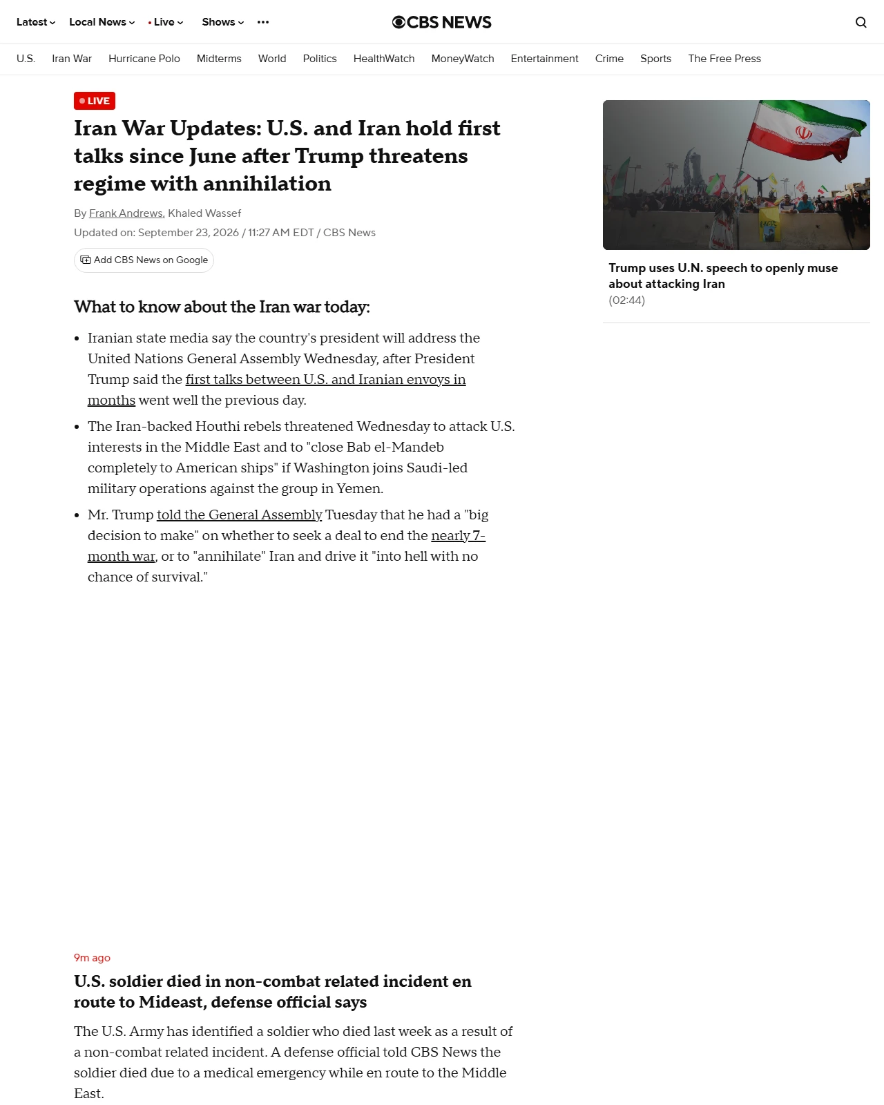 cbsnews.com as published: U.S., Iran hold first talks since June as Trump threatens annihilation