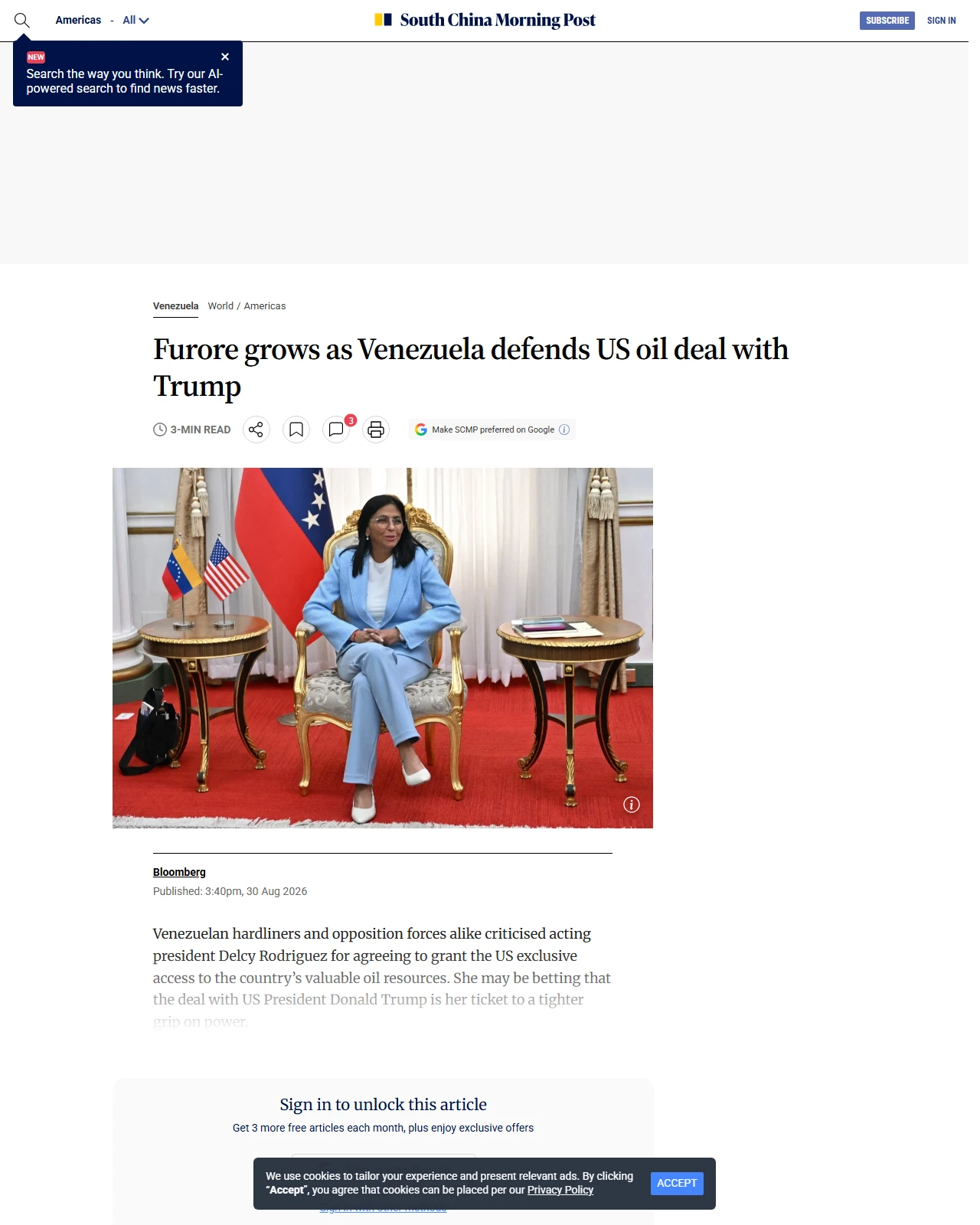scmp.com as published: Furore grows as Venezuela defends US oil deal with Trump