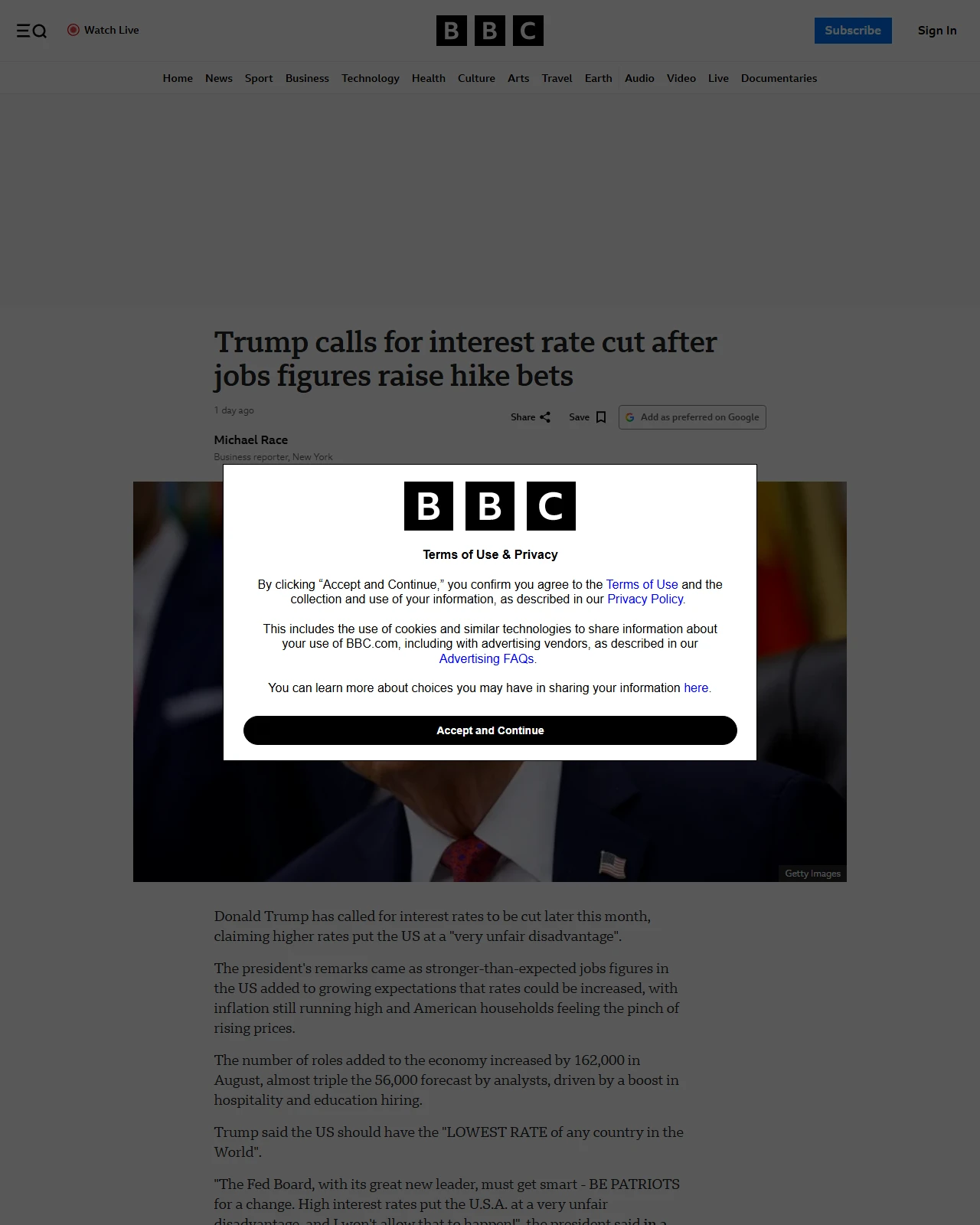 bbc.co.uk as published: Trump calls for interest rate cut after jobs figures raise hike bets