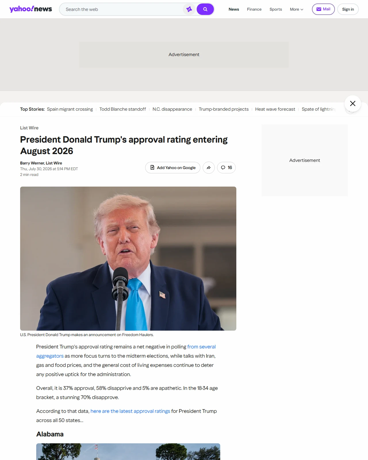 yahoo.com as published: President Donald Trump's approval rating entering August 2026