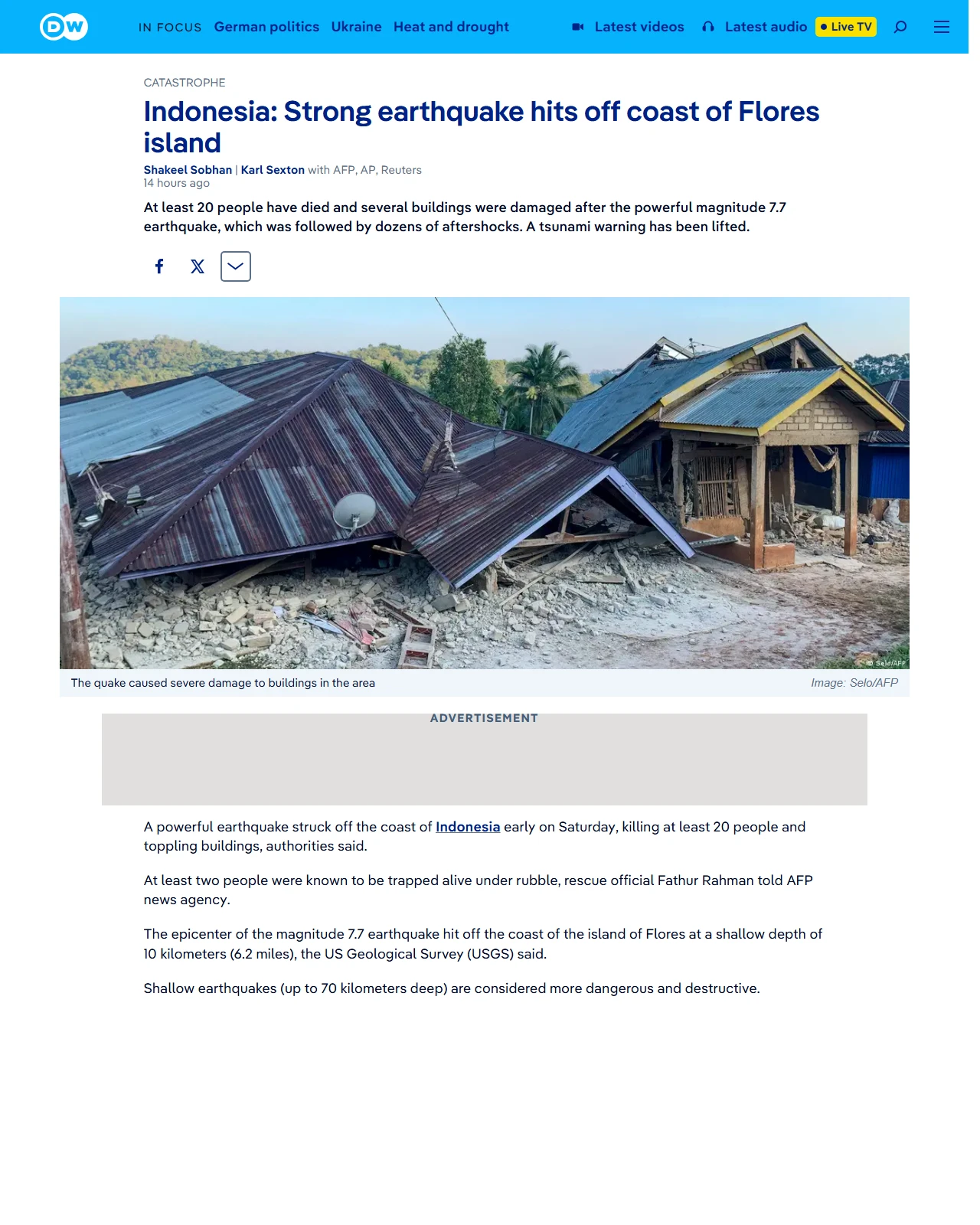 dw.com as published: Indonesia: Strong earthquake hits off coast of Flores island