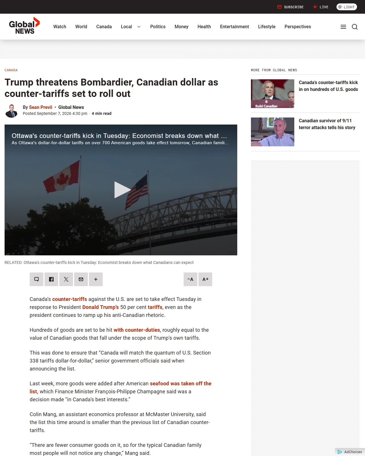 globalnews.ca as published: Trump threatens Bombardier, Canadian dollar as counter-tariffs set to roll out - National