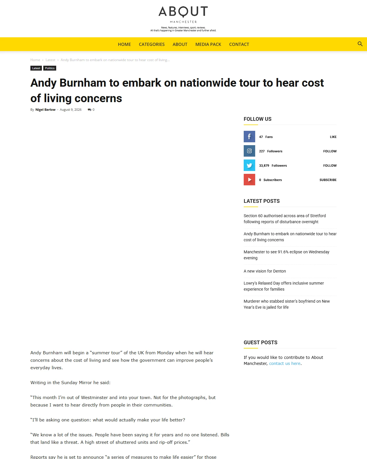 aboutmanchester.co.uk as published: Andy Burnham to embark on nationwide tour to hear cost of living concerns