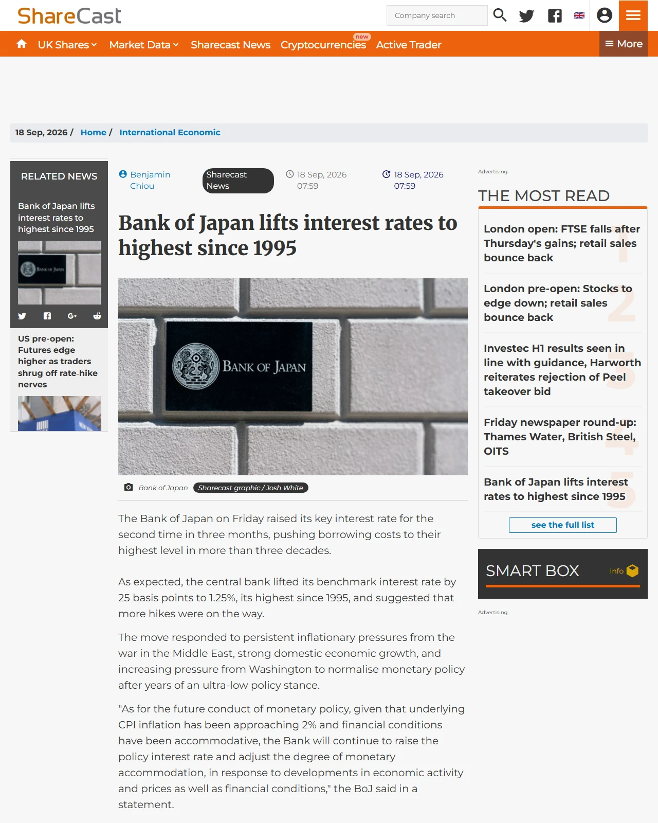 sharecast.com as published: Bank of Japan lifts interest rates to highest since 1995