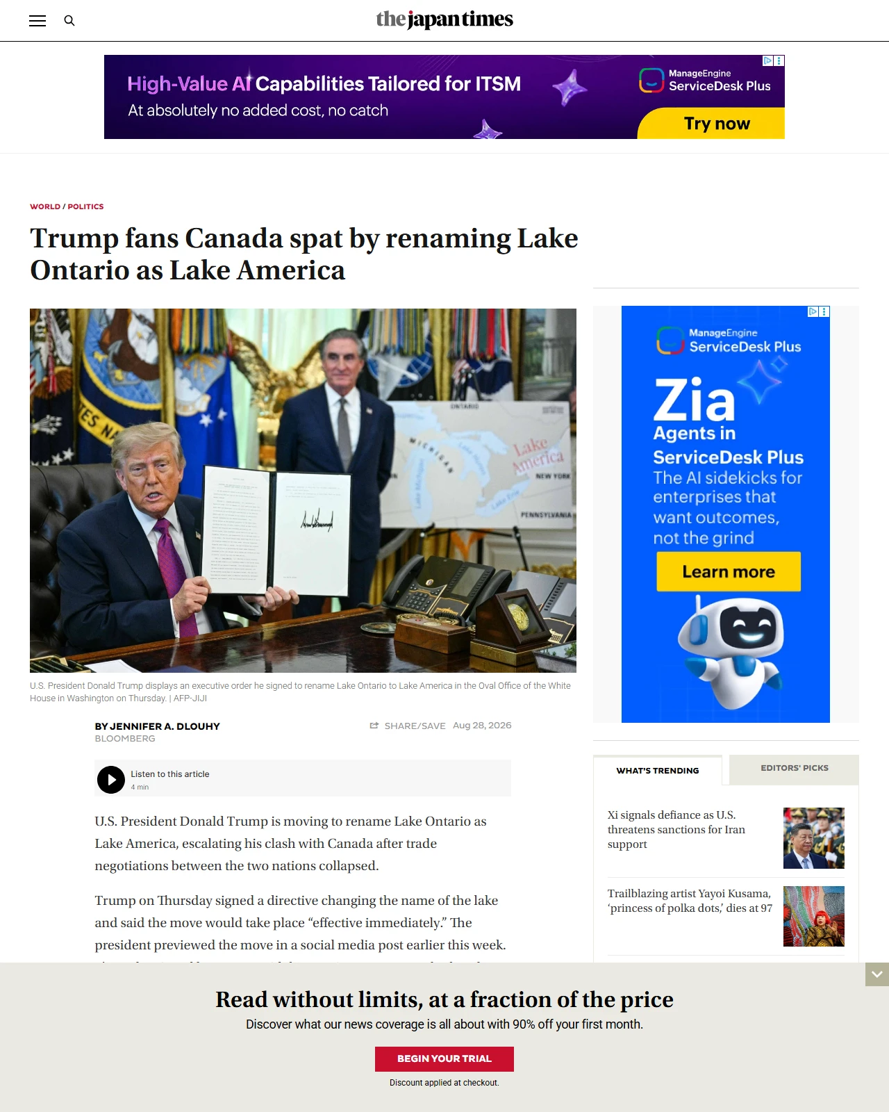 japantimes.co.jp as published: Trump fans Canada spat by renaming Lake Ontario as Lake America