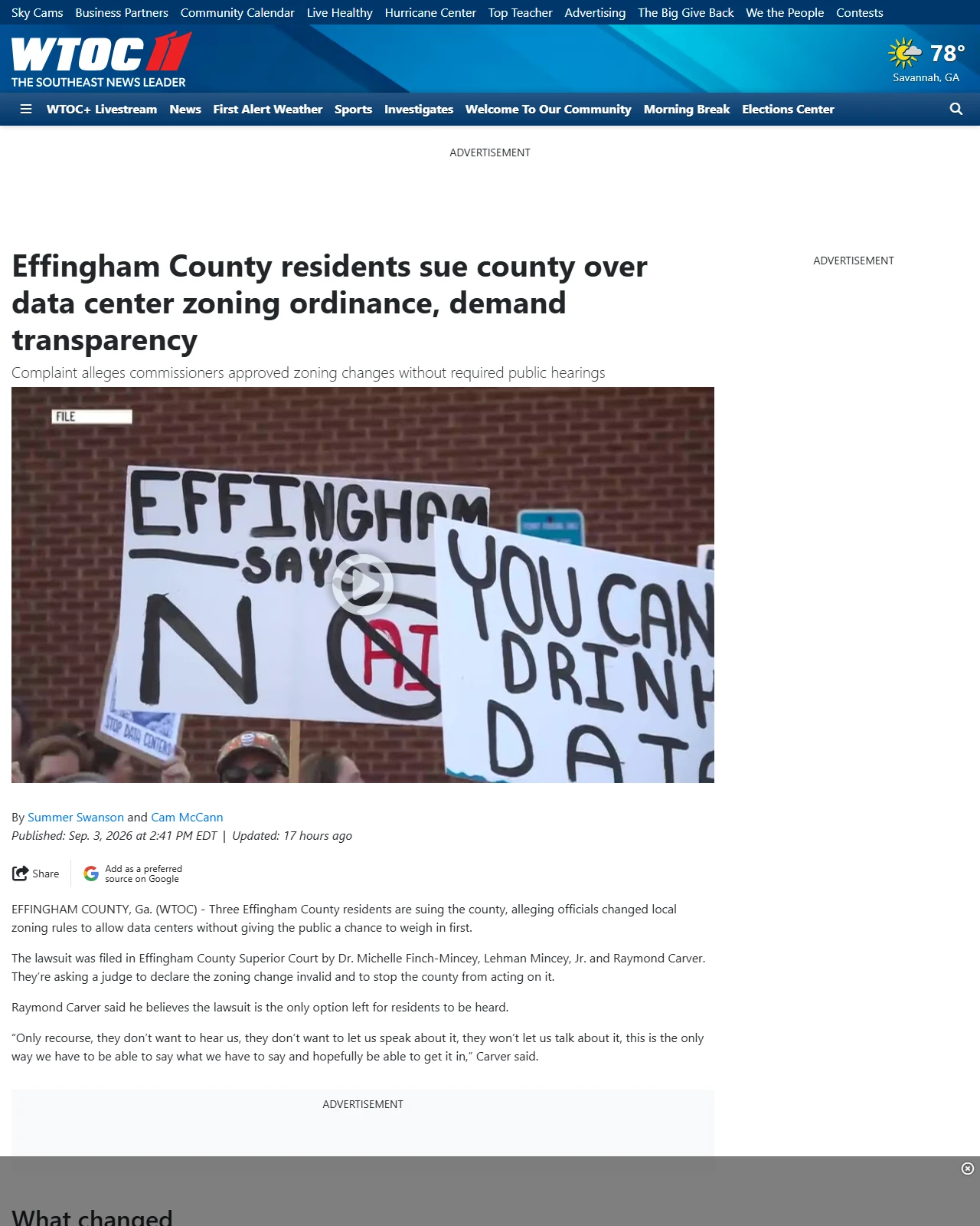 wtoc.com as published: Effingham County residents sue county over data center zoning ordinance, demand transparency