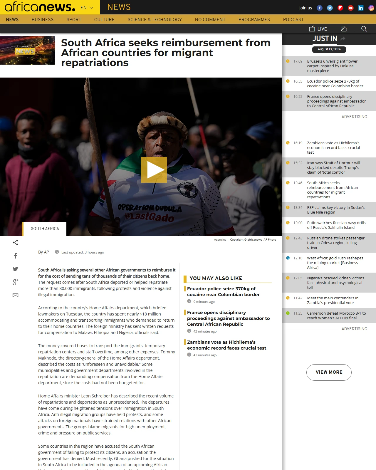africanews.com as published: South Africa seeks reimbursement from African countries for migrant repatriations