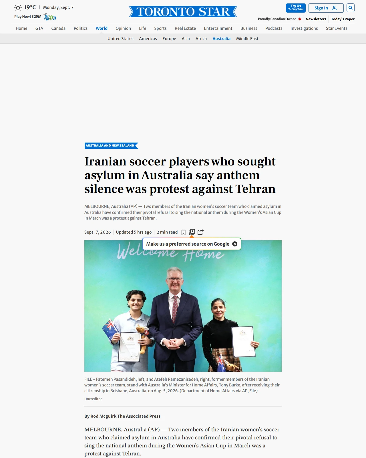 thestar.com as published: Iranian soccer players who sought asylum in Australia say anthem silence was protest against Tehran