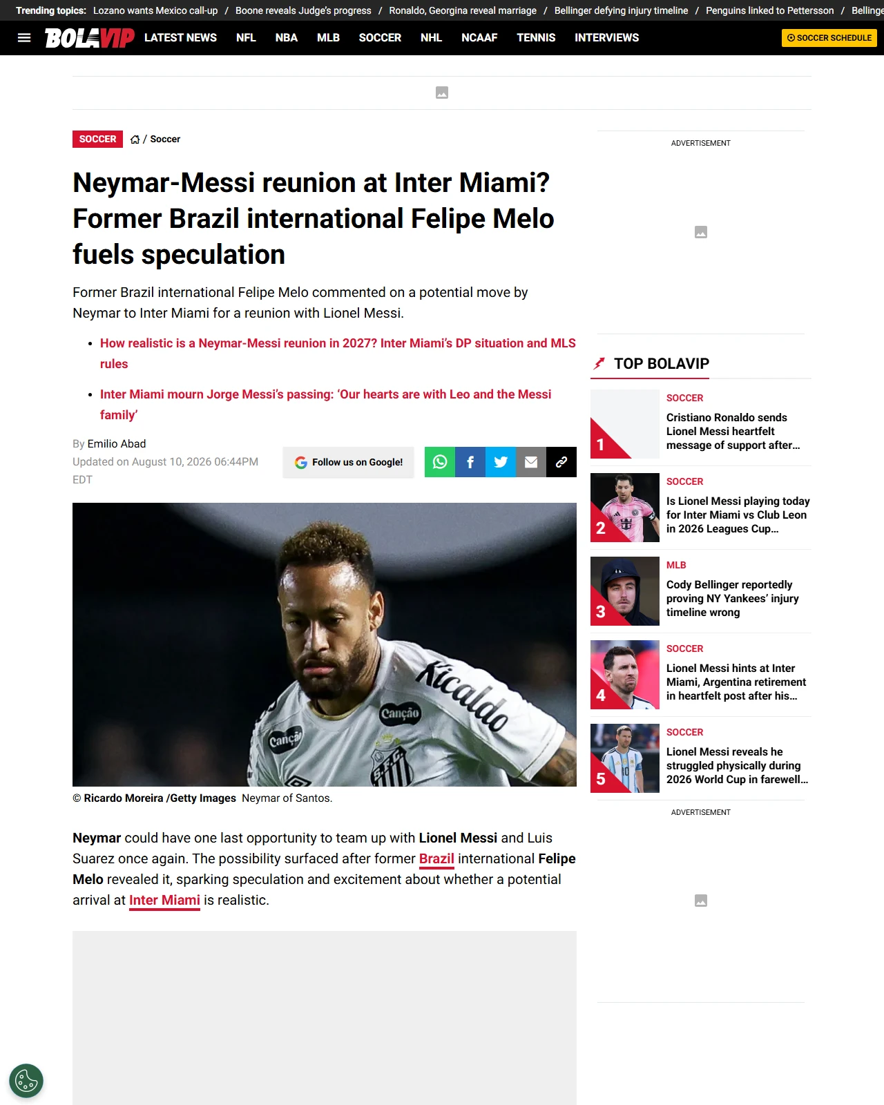 bolavip.com as published: Neymar-Messi reunion at Inter Miami? Former Brazil international Felipe Melo fuels speculation