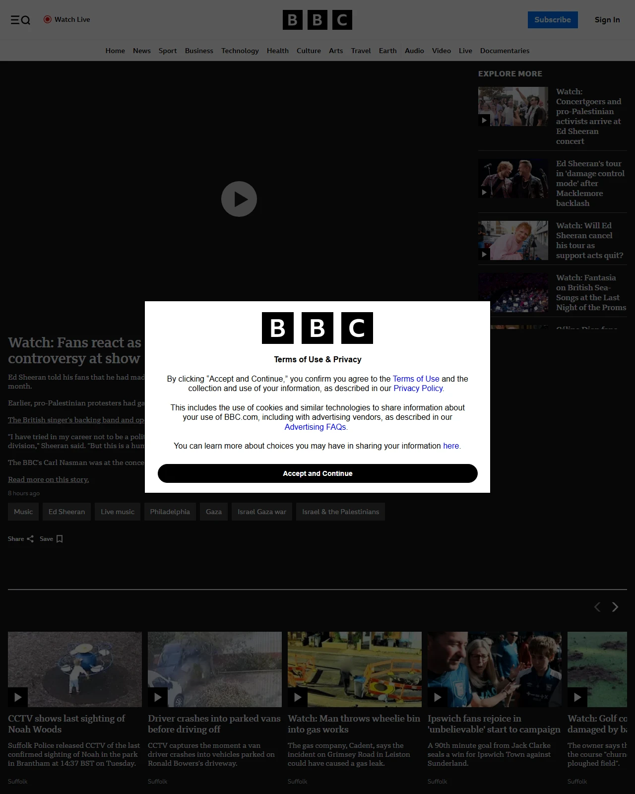 bbc.co.uk as published: Watch: Fans react as Ed Sheeran speaks out over Macklemore controversy at show
