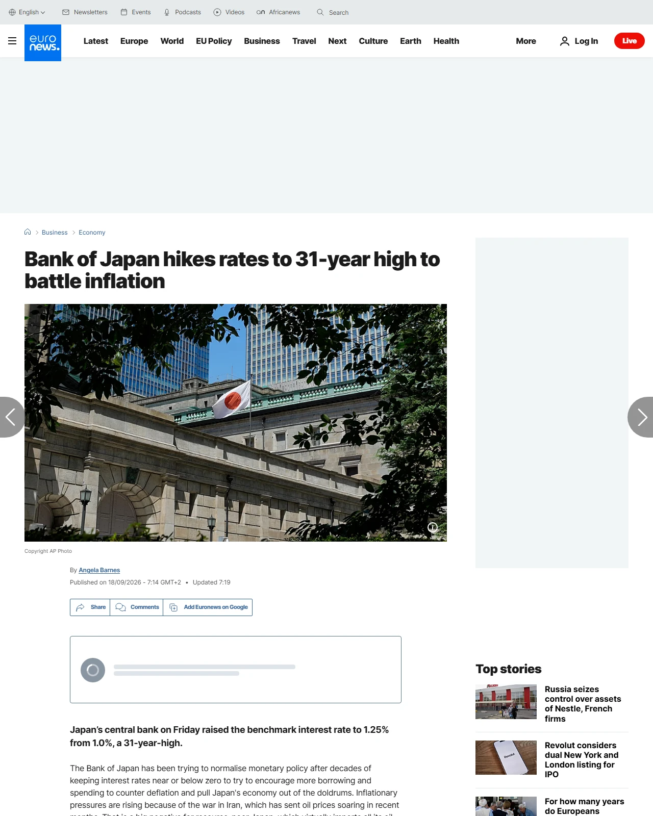 euronews.com as published: Japan's central bank raises benchmark interest rate to 1.25%