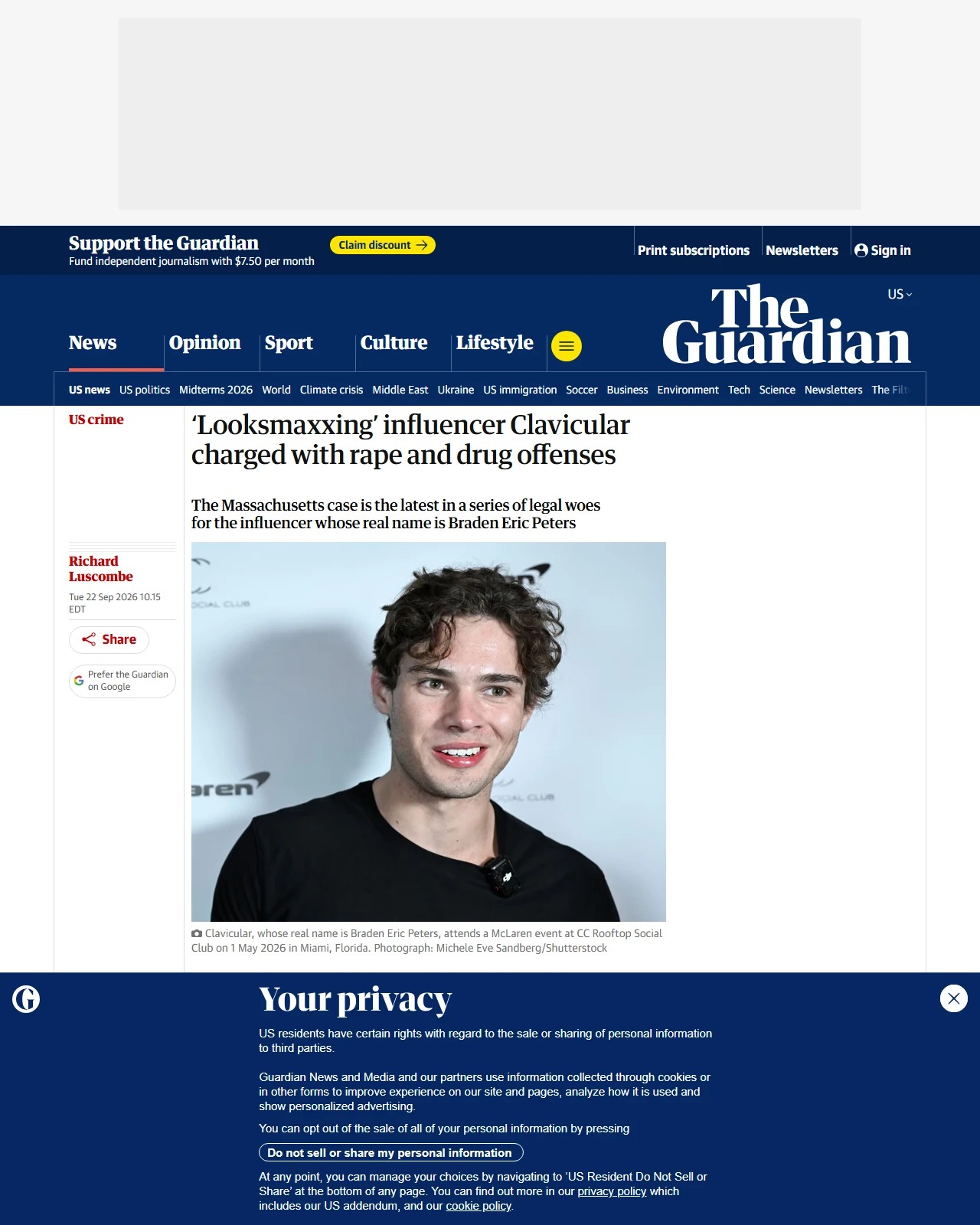 theguardian.com as published: ‘Looksmaxxing’ influencer Clavicular charged with rape and drug offenses