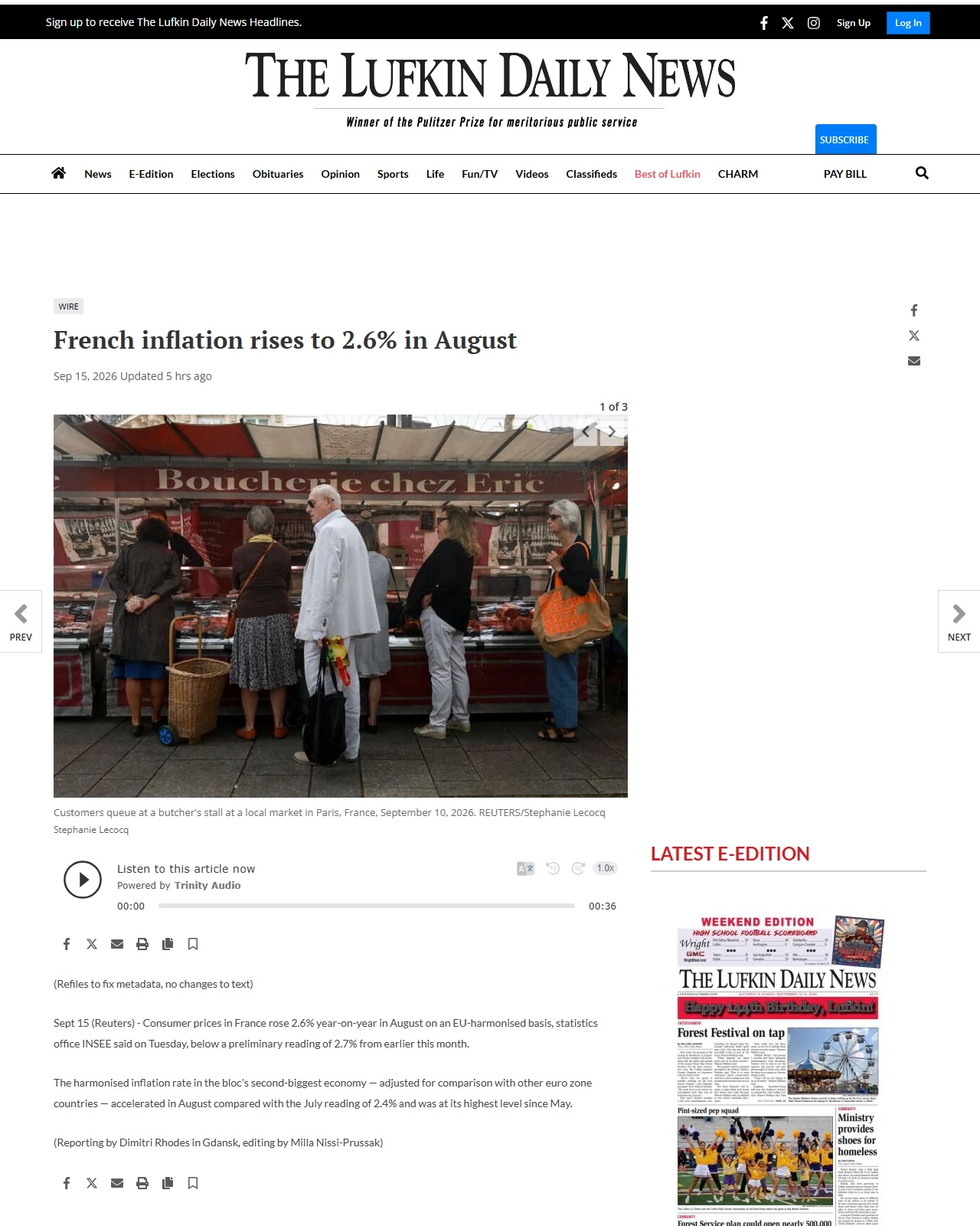 lufkindailynews.com as published: French inflation rises to 2.6% in August
