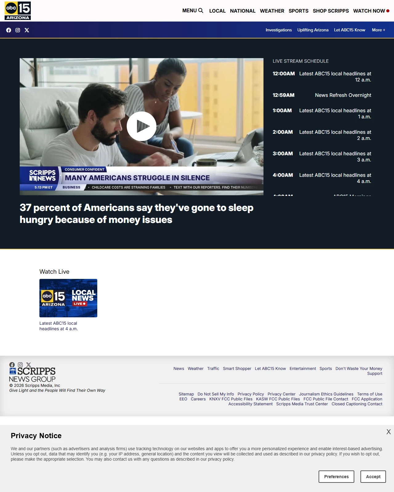 abc15.com as published: 37 percent of Americans say they've gone to sleep hungry because of money issues