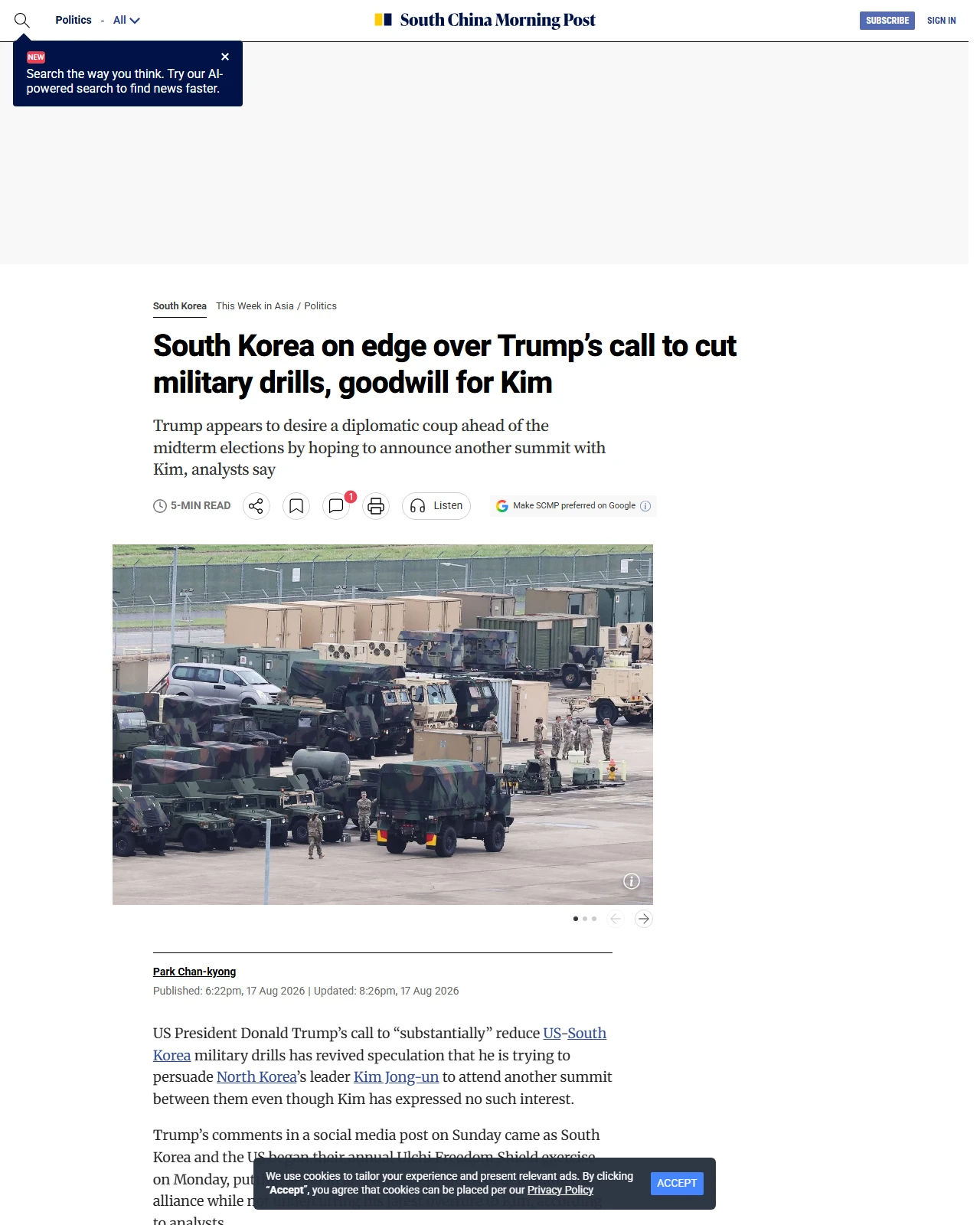 scmp.com as published: South Korea on edge over Trump’s call to cut military drills, goodwill for Kim
