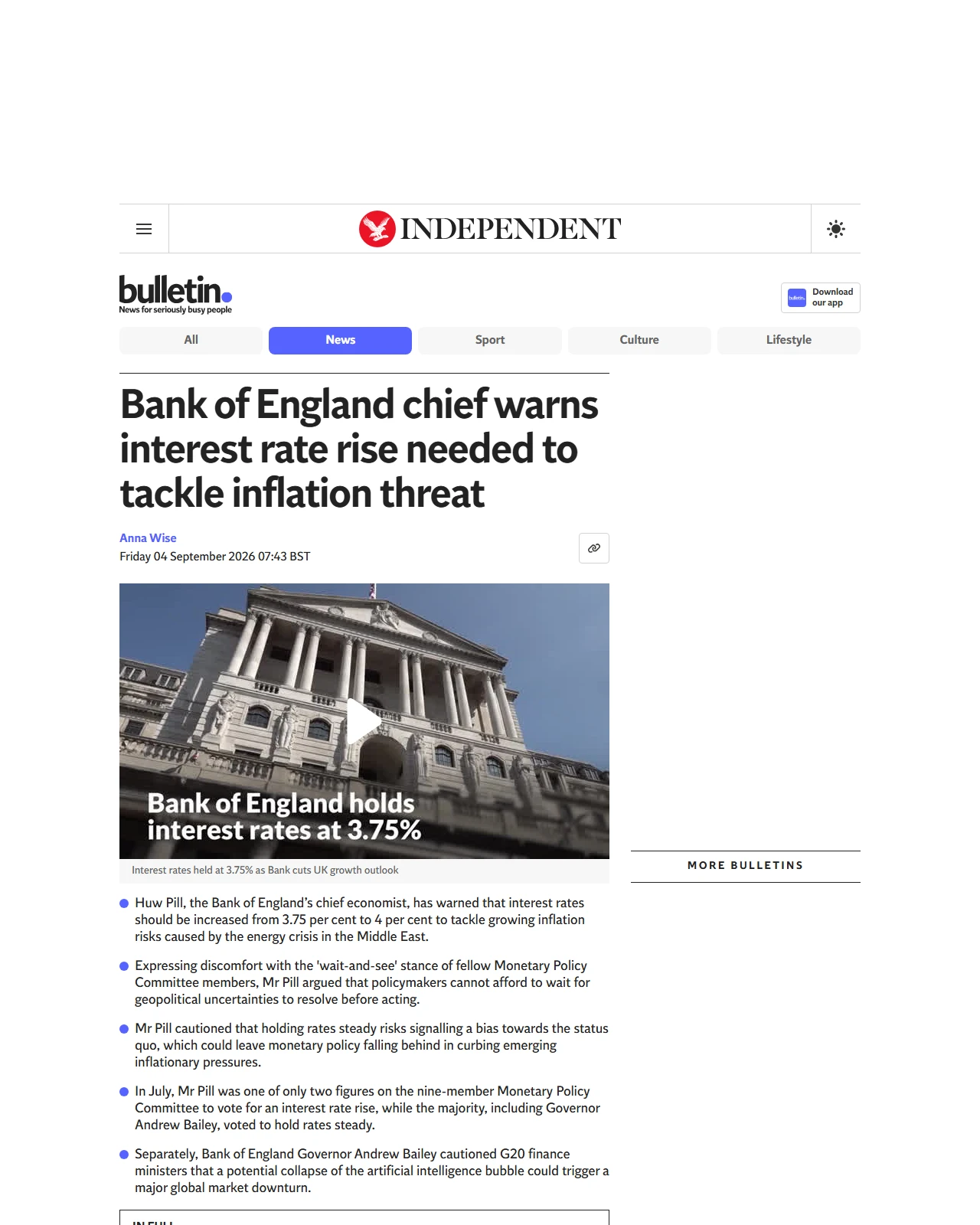 independent.co.uk as published: Bank of England chief warns interest rate rise needed to tackle inflation threat