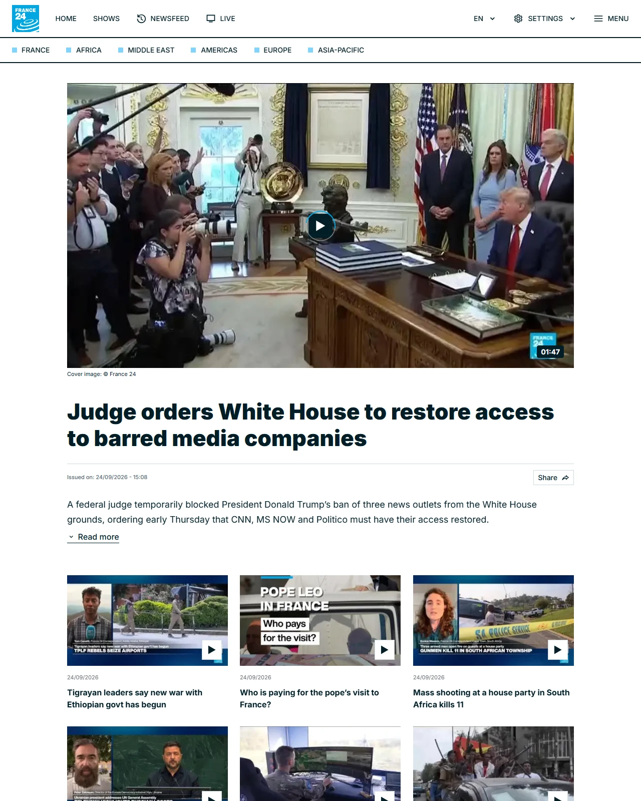france24.com as published: Judge orders White House to restore access to barred media companies