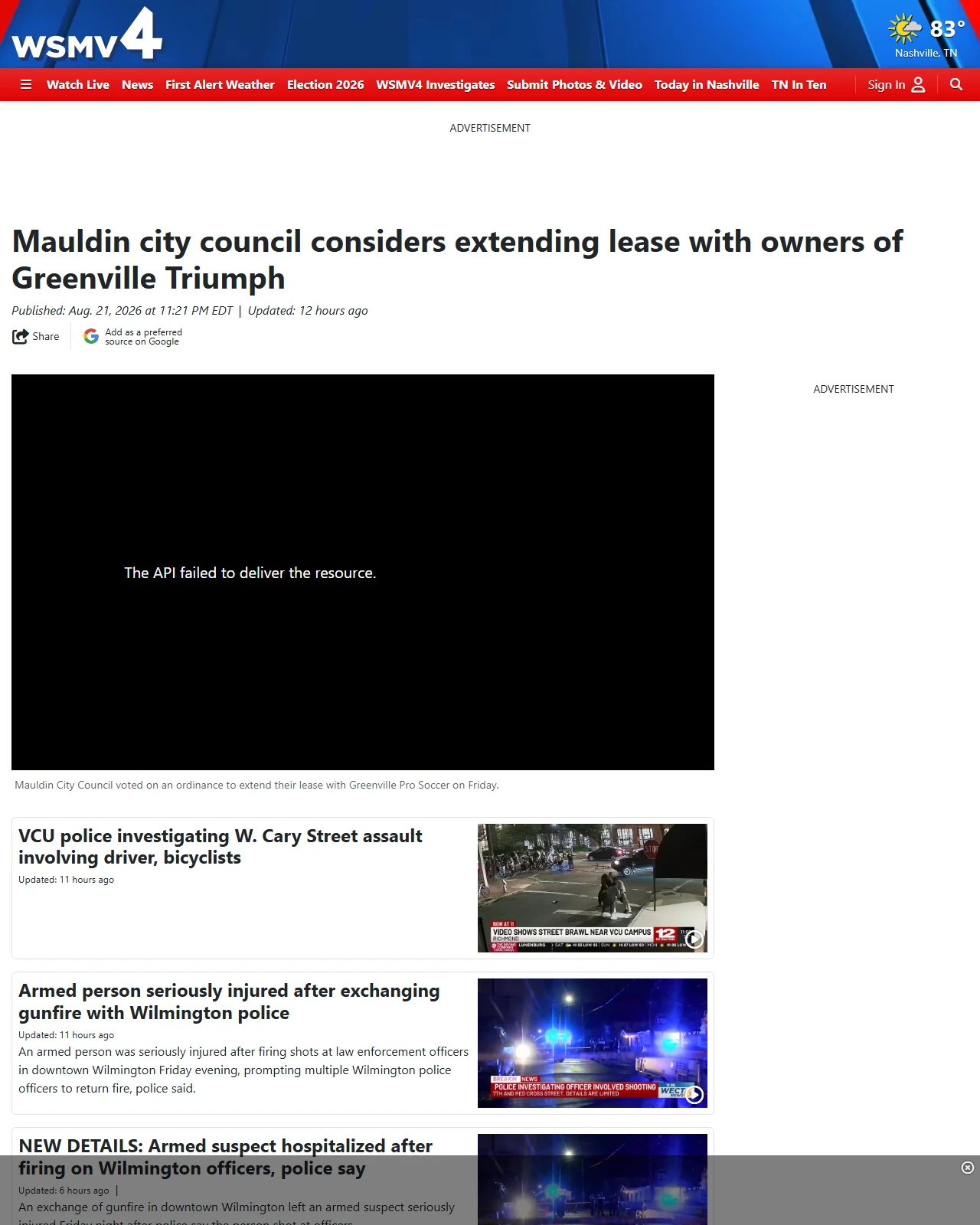 wsmv.com as published: Mauldin city council considers extending lease with owners of Greenville Triumph