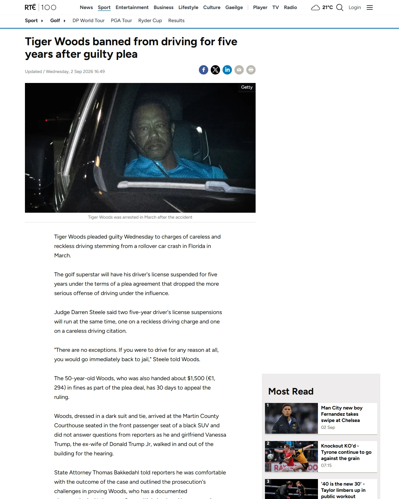 rte.ie as published: Woods banned from driving for 5 years after guilty plea