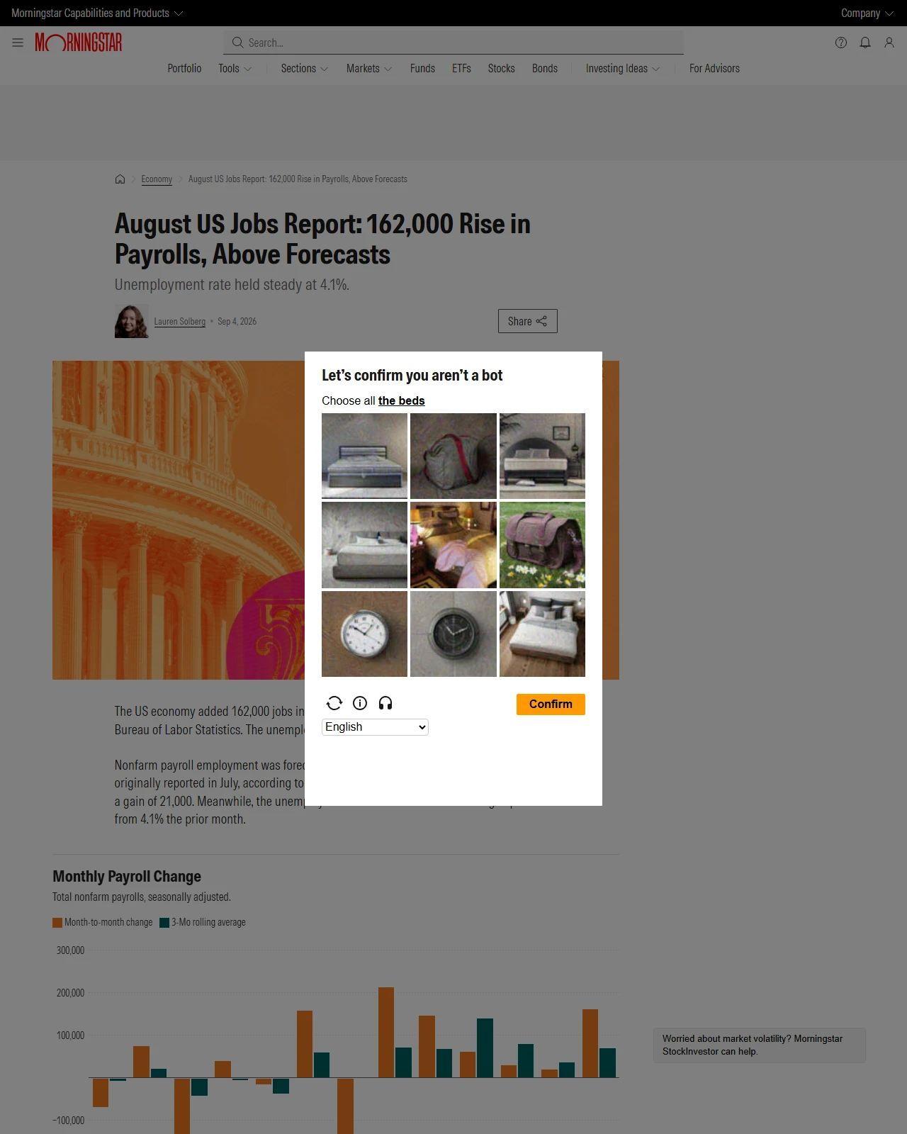 morningstar.com as published: August US Jobs Report: 162,000 Rise in Payrolls, Above Forecasts
