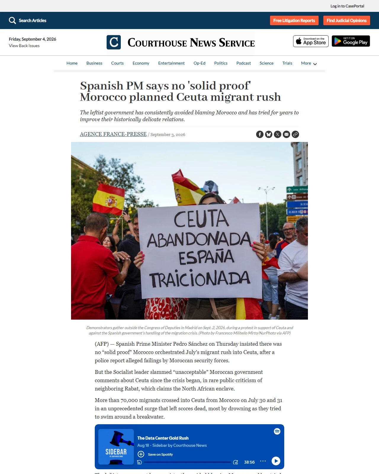 courthousenews.com as published: Spanish PM says no 'solid proof' Morocco planned Ceuta migrant rush