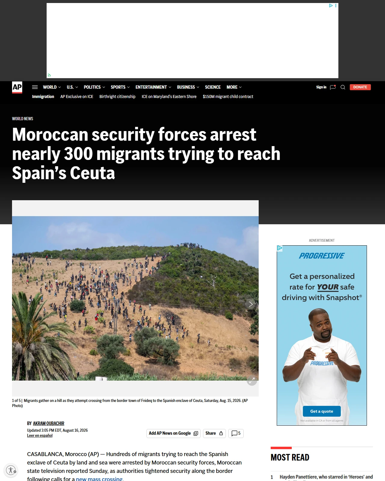 apnews.com as published: Moroccan security forces arrest nearly 300 migrants trying to reach Spain’s Ceuta