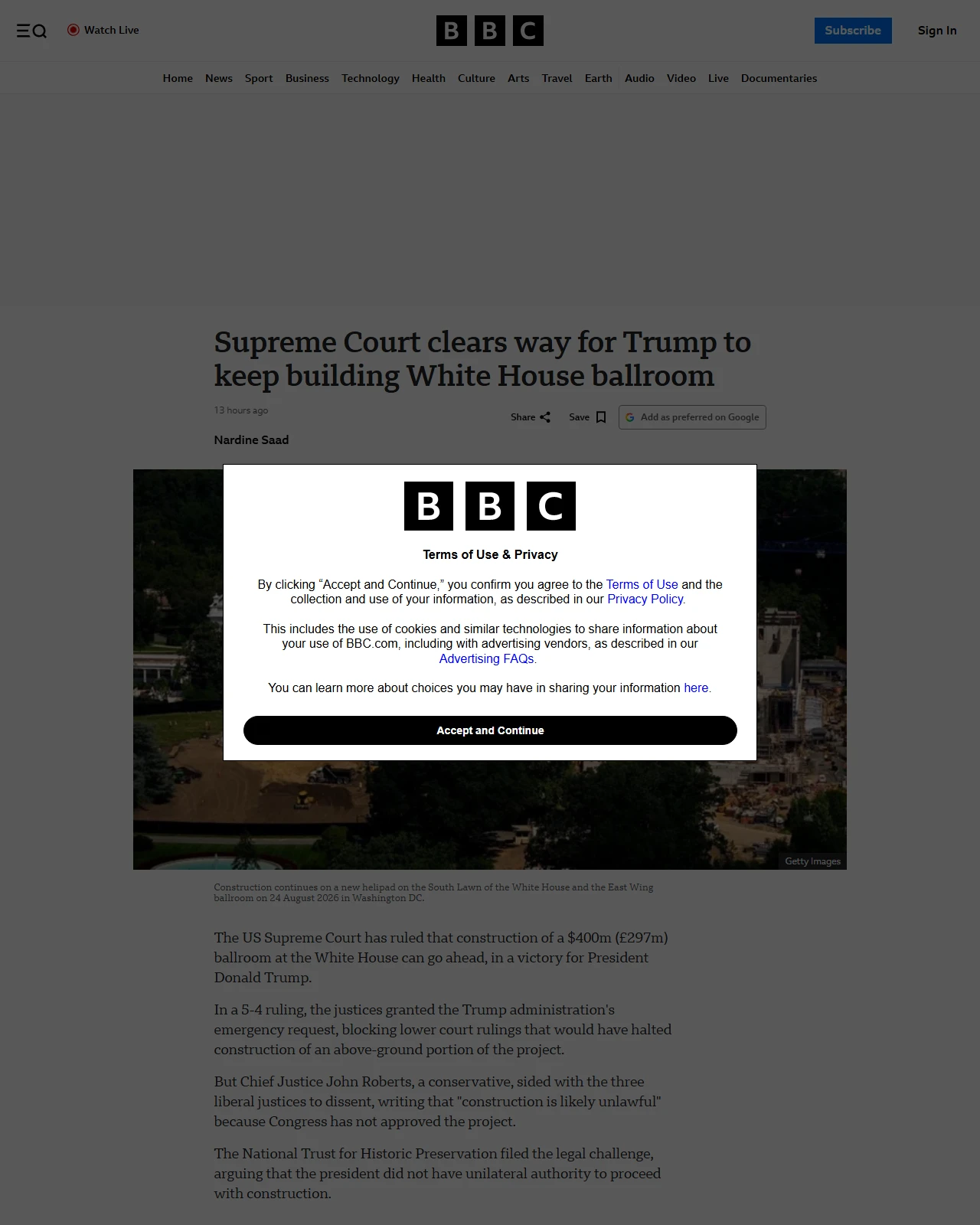 bbc.co.uk as published: US Supreme Court clears way for Trump to keep building White House ballroom