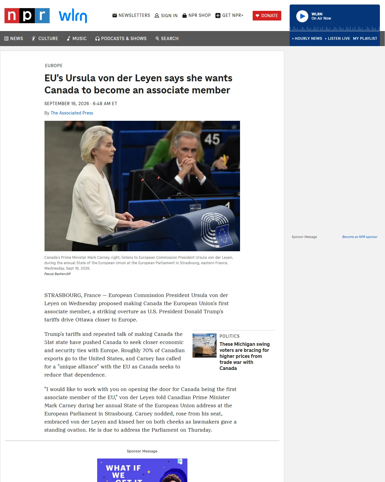 npr.org as published: EU's Ursula von der Leyen says she wants Canada to become an associate member