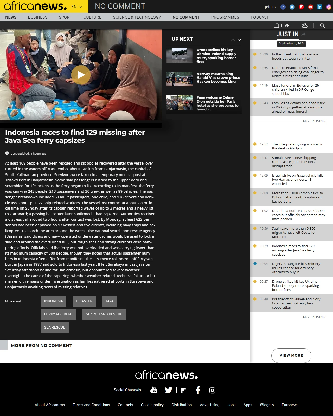 africanews.com as published: Indonesia races to find 129 missing after Java Sea ferry capsizes