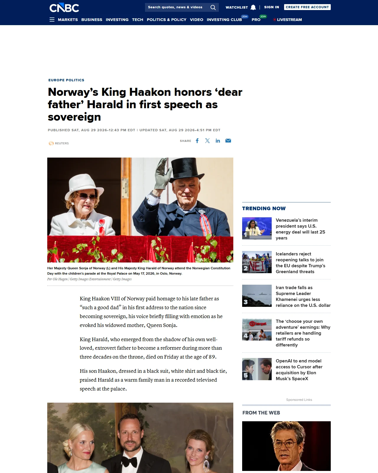 cnbc.com as published: Norway's King Haakon honors 'dear father' Harald in first speech as sovereign