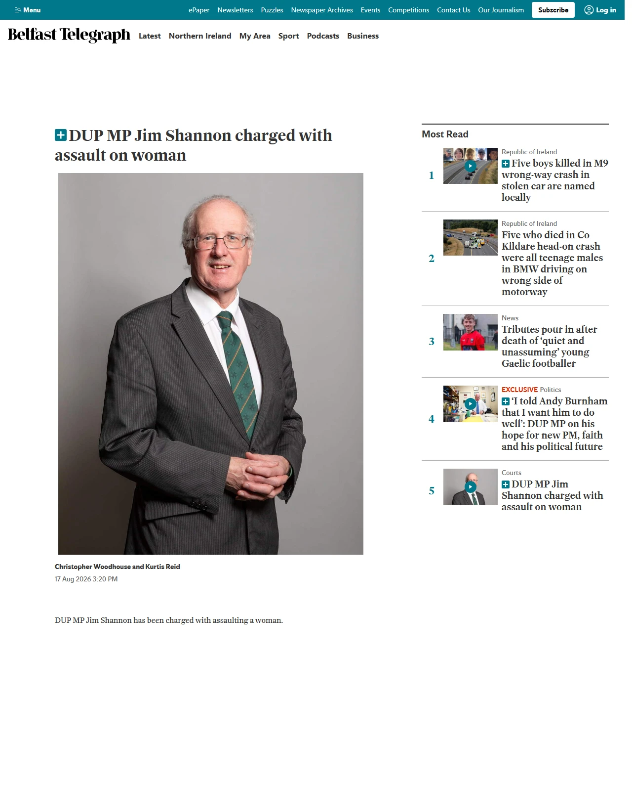 belfasttelegraph.co.uk as published: Jim Shannon: DUP MP charged with assault on woman