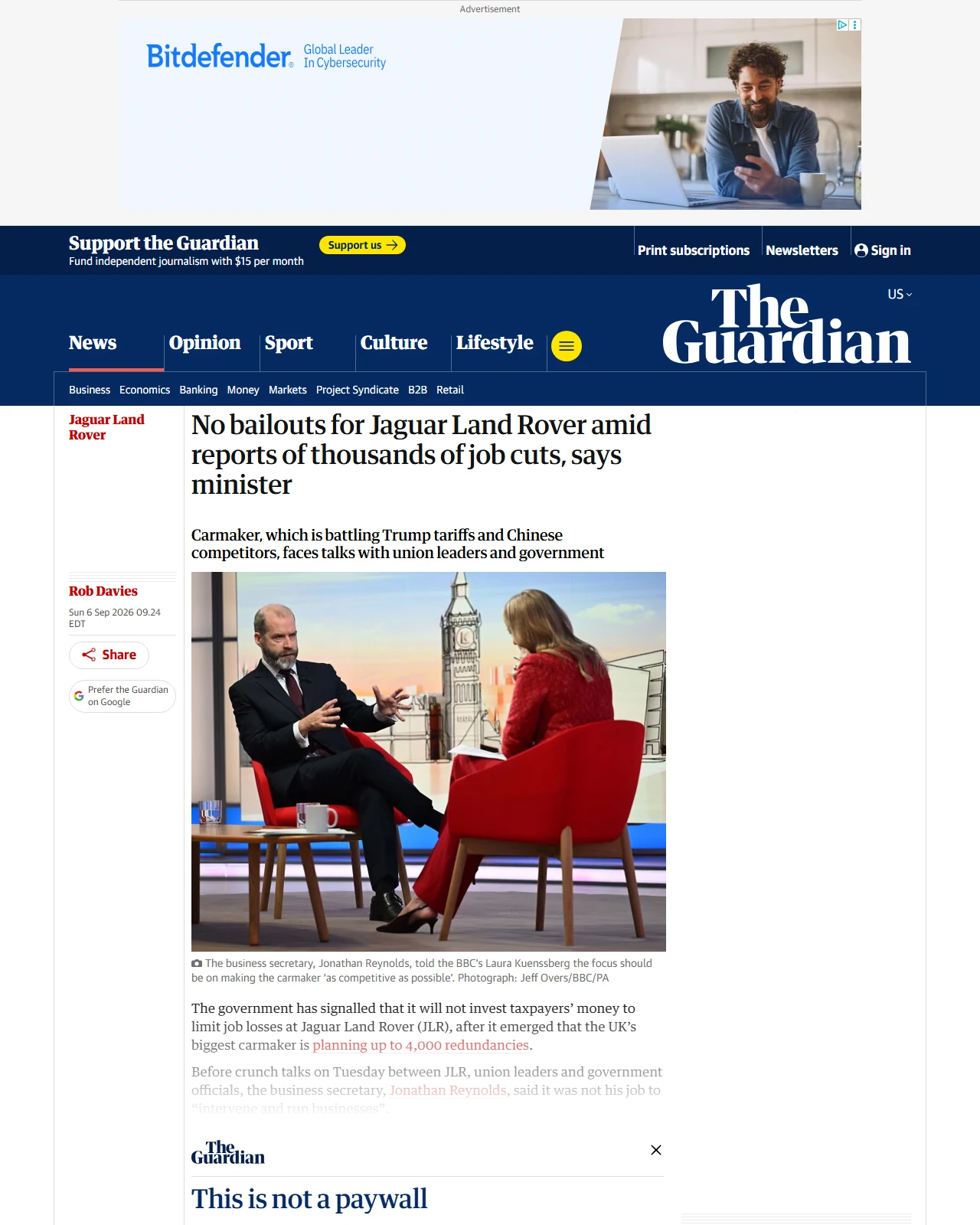 theguardian.com as published: No bailouts for Jaguar Land Rover amid reports of thousands of job cuts, says minister