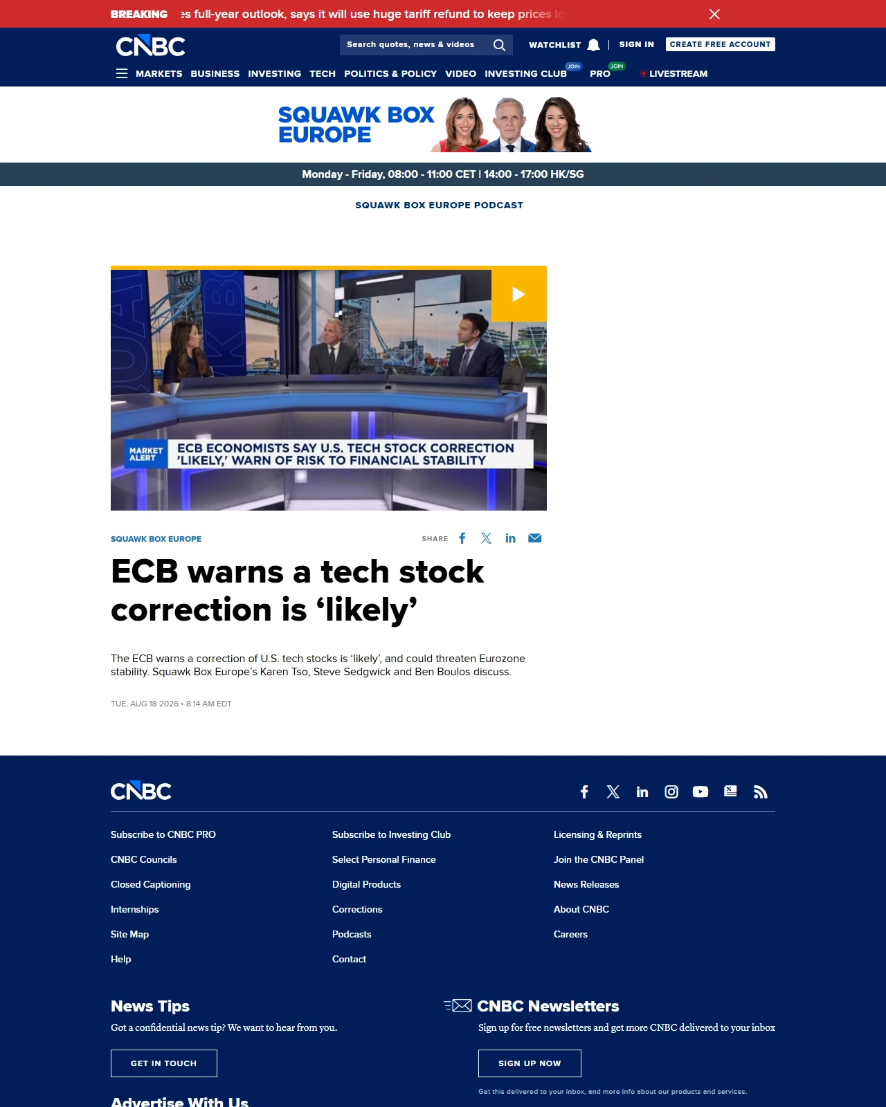 cnbc.com as published: ECB warns a tech stock correction is 'likely'