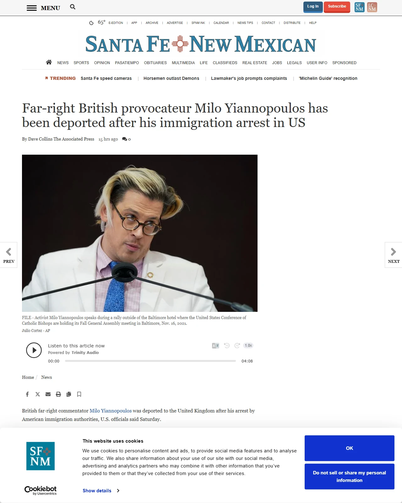 santafenewmexican.com as published: Far-right British provocateur Milo Yiannopoulos has been deported after his immigration arrest in US