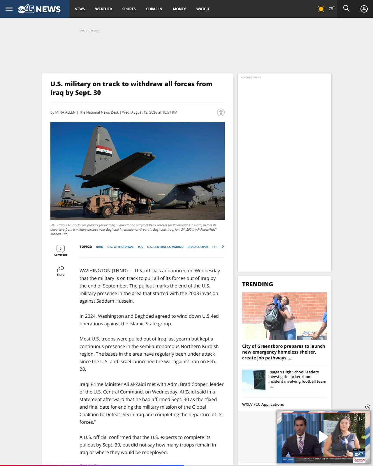 abc45.com as published: U.S. military on track to withdraw all forces from Iraq by Sept. 30